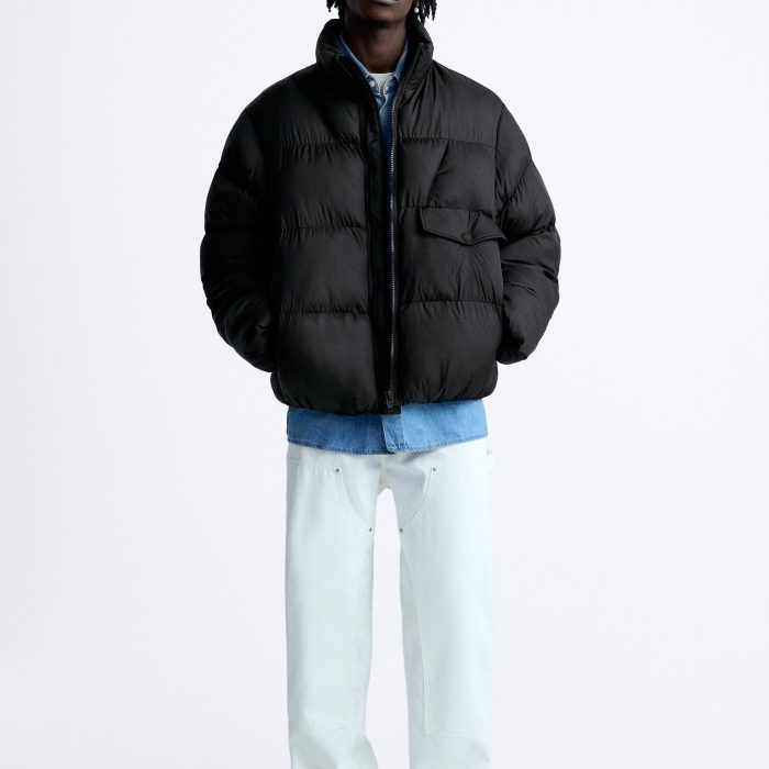High Quality Customized Logo Men's Winter Down Jacket Formal Style with Stand Collar and Black Zipper Puffer Street Wear