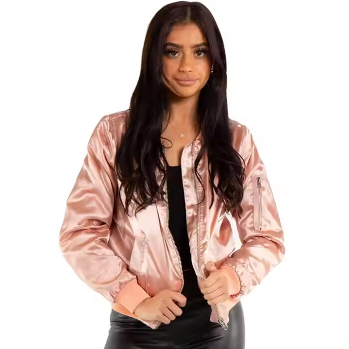 Women Satin jackets\Premium Women's Cropped Bomber Jacket High Quality Custom Made Best Style Satin Fabric Printed Logo Silk Shining Style Ladies