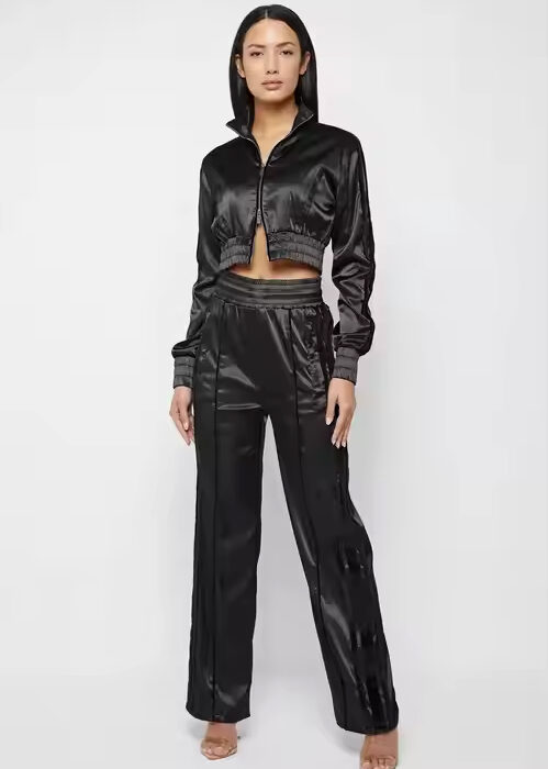 Women's Satin Tracksuit 2 Piece Outfits Casual Long Sleeve Crop Tops Jacket and Pants Sport Set Sweatsuits Silk Custom Logo