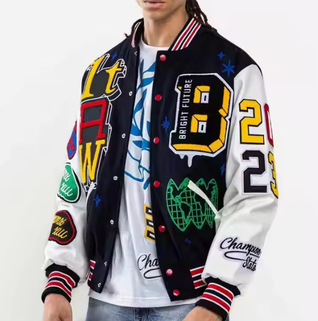 OEM Custom Men's Winter Vintage School College Jacket Wool Baseball Letterman Varsity Jacket with Stand Collar Leather Sleeves