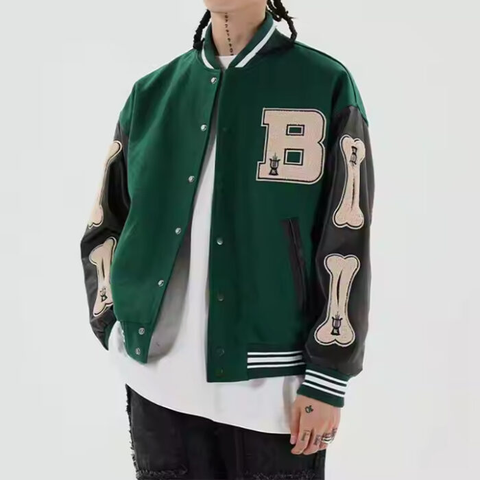 Fashion long leather sleeve flocking women's jackets wholesale baseball bomber varsity jacket