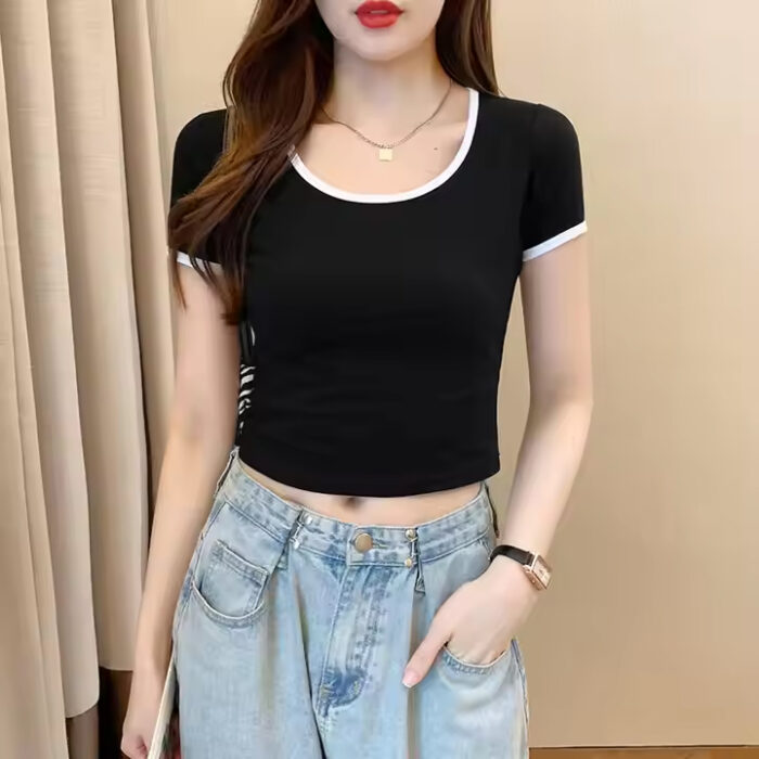 95% Cotton 5% Spandex Custom Printing Logo Ringer Crop Tops TShirt for Women