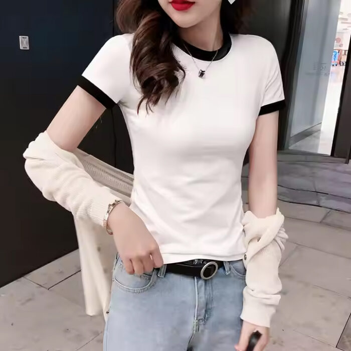 95% Cotton 5% Spandex Round Neck Ringer Tee Slim Fit Printed Ringer T Shirts for Women